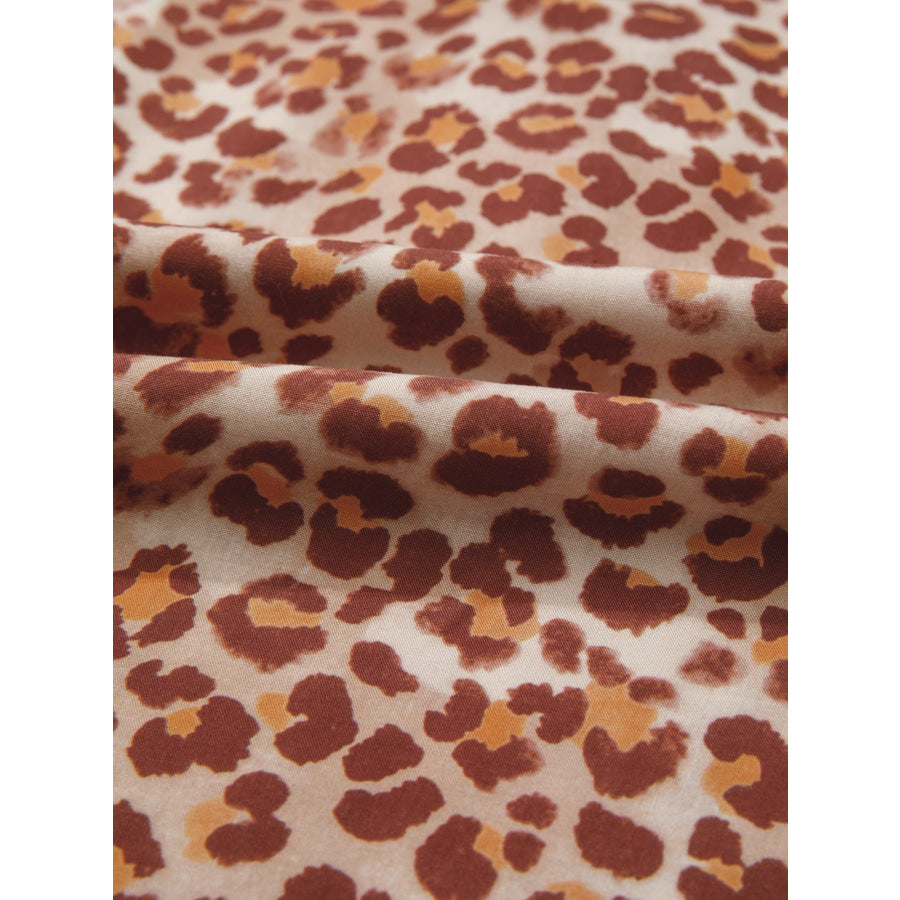 Leopard Print Smocked Notched Blouse Apparel and Accessories