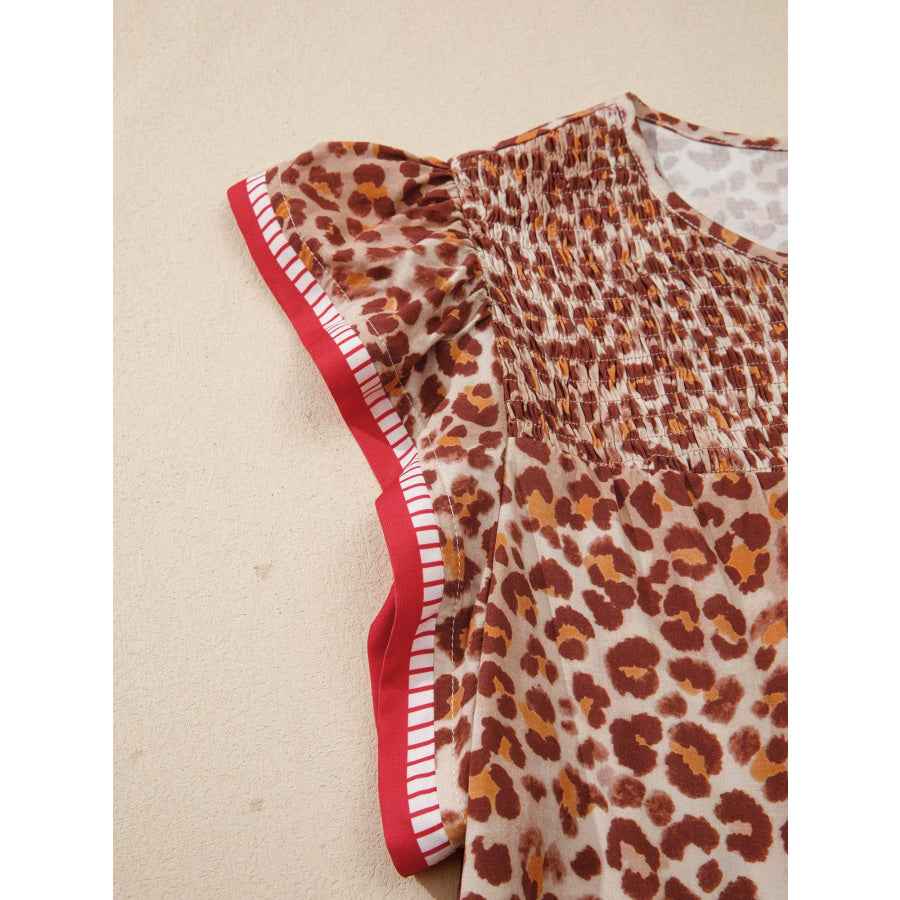Leopard Print Smocked Notched Blouse Apparel and Accessories