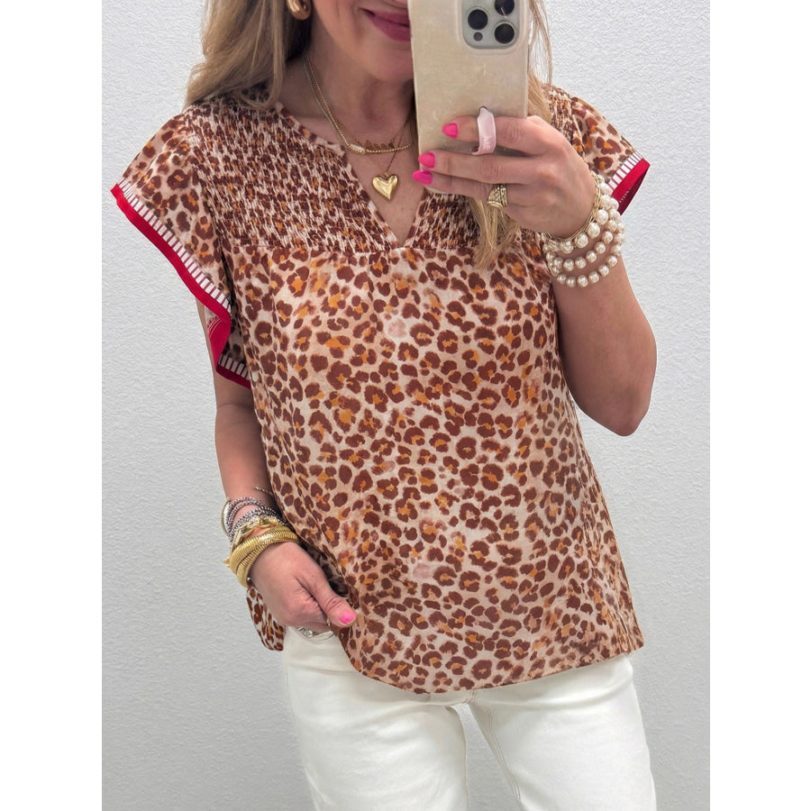 Leopard Print Smocked Notched Blouse Leopard / S Apparel and Accessories