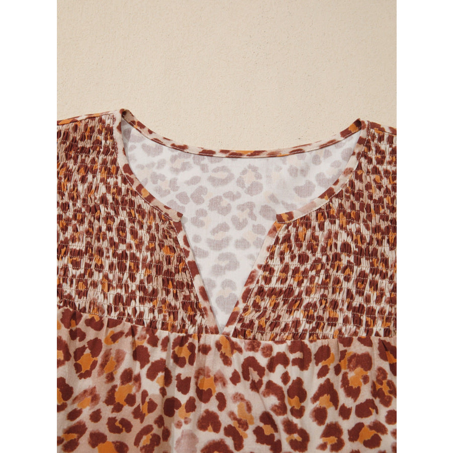 Leopard Print Smocked Notched Blouse Apparel and Accessories