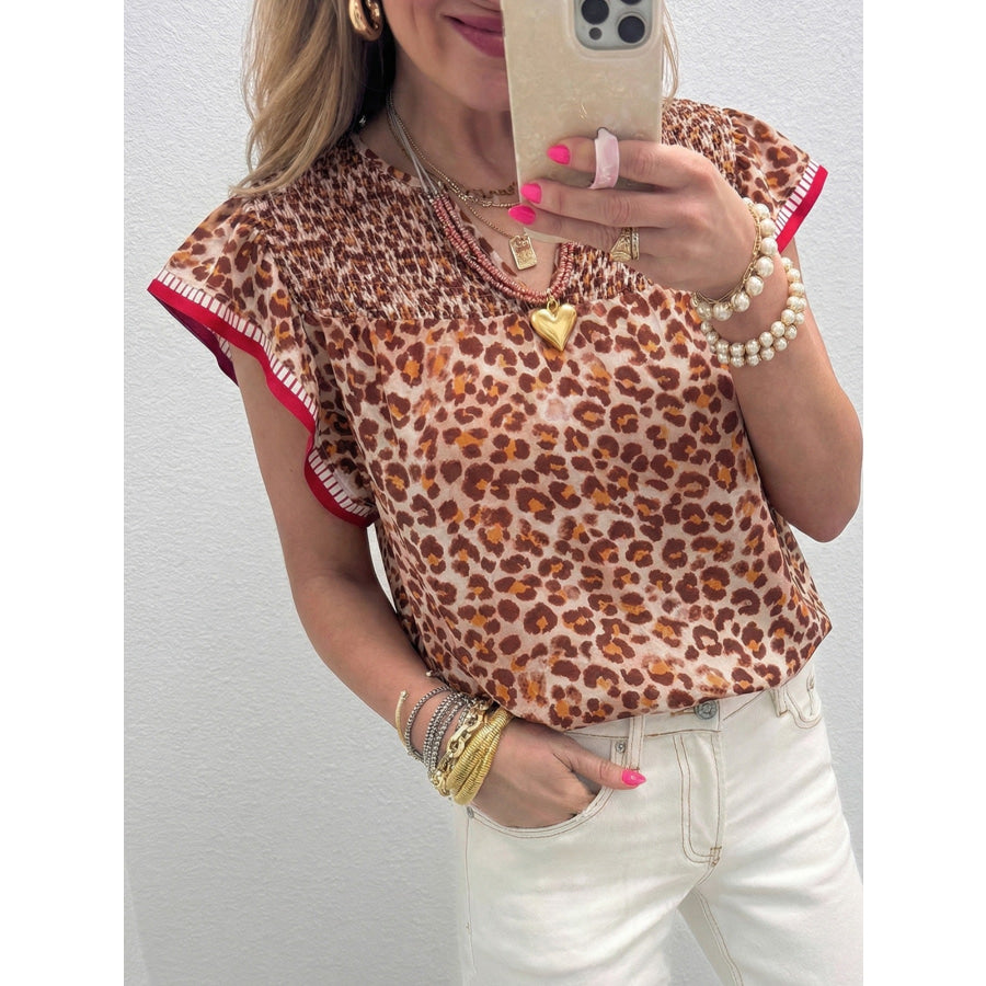 Leopard Print Smocked Notched Blouse Leopard / S Apparel and Accessories