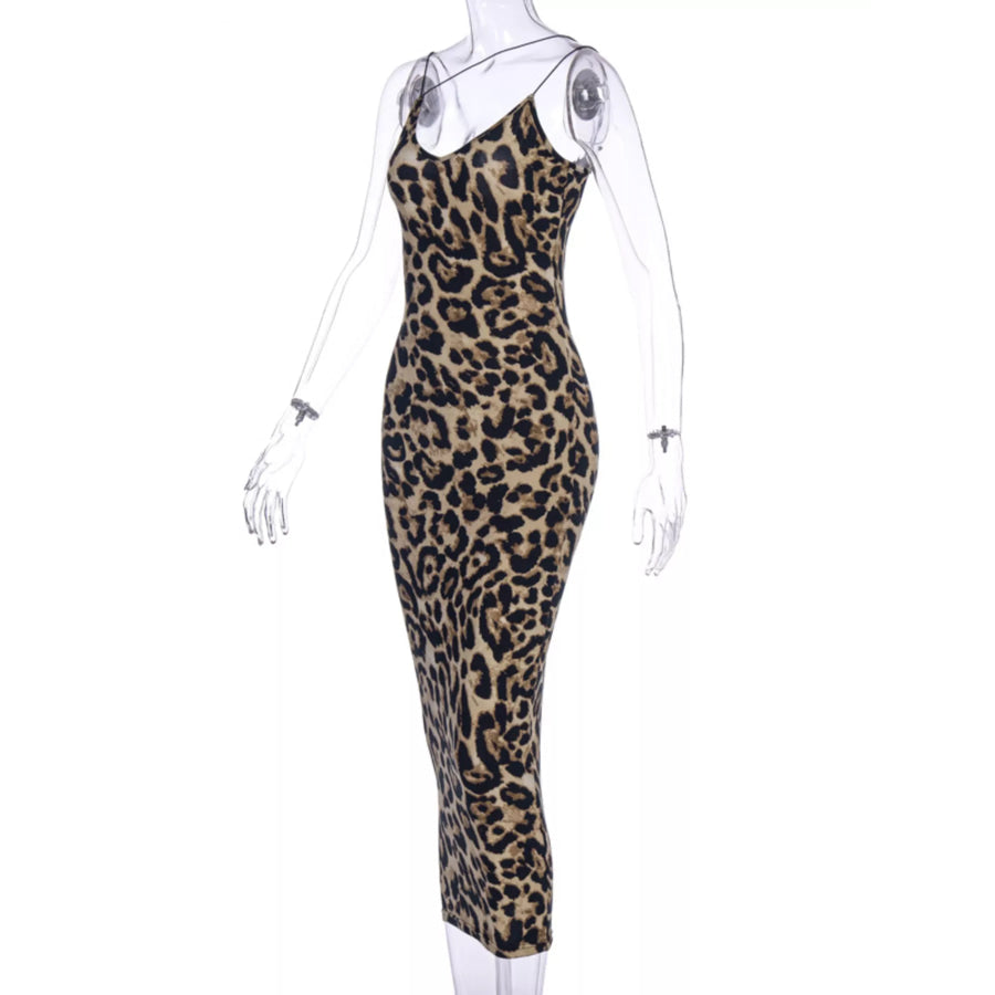 Leopard Print Spaghetti Strap Midi Dress Apparel and Accessories