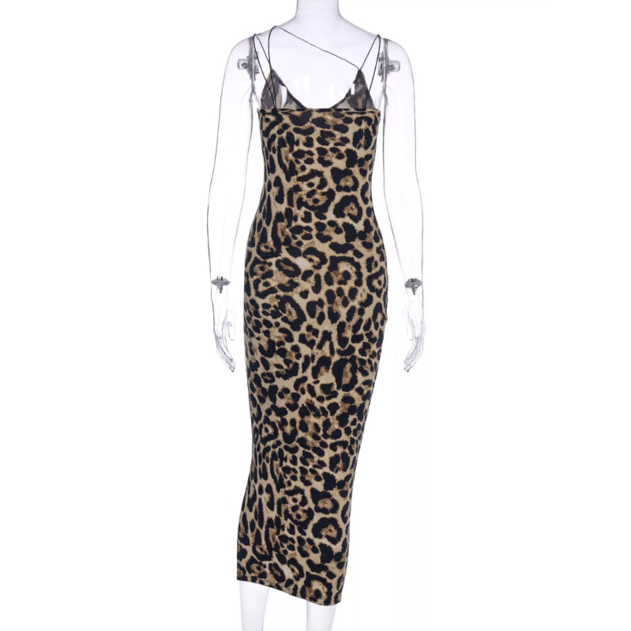 Leopard Print Spaghetti Strap Midi Dress Apparel and Accessories