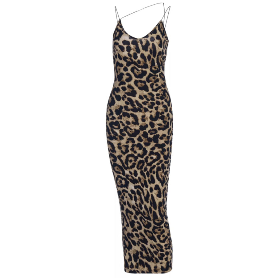 Leopard Print Spaghetti Strap Midi Dress Apparel and Accessories
