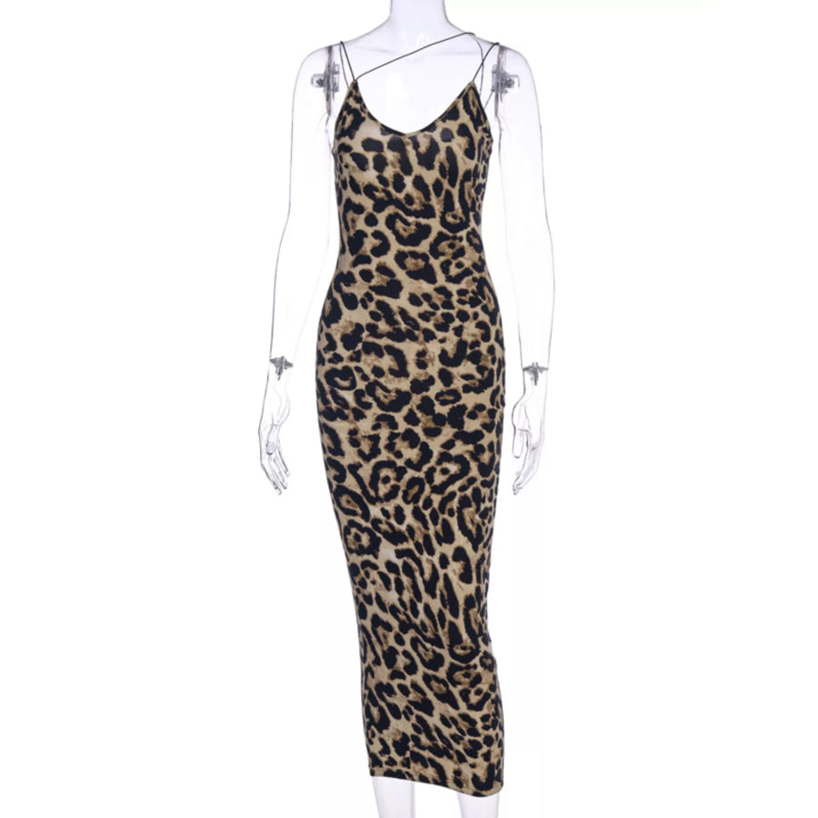 Leopard Print Spaghetti Strap Midi Dress Apparel and Accessories