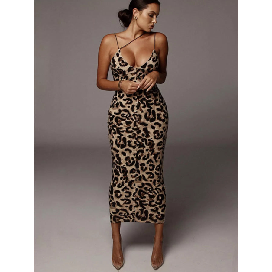 Leopard Print Spaghetti Strap Midi Dress Leopard Print / S Apparel and Accessories