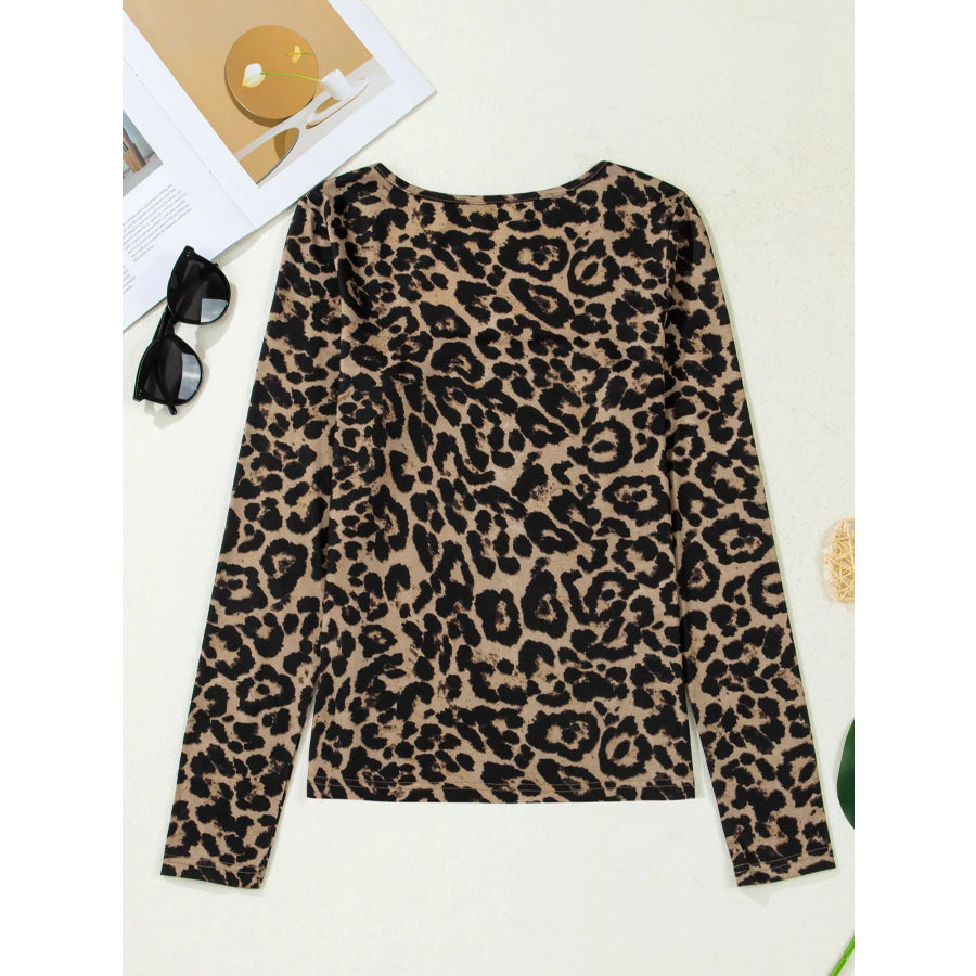 Leopard Print Square Neck Long Sleeve Top Apparel and Accessories