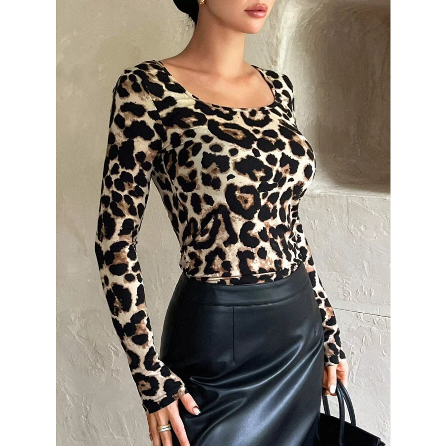 Leopard Print Square Neck Long Sleeve Top Apparel and Accessories