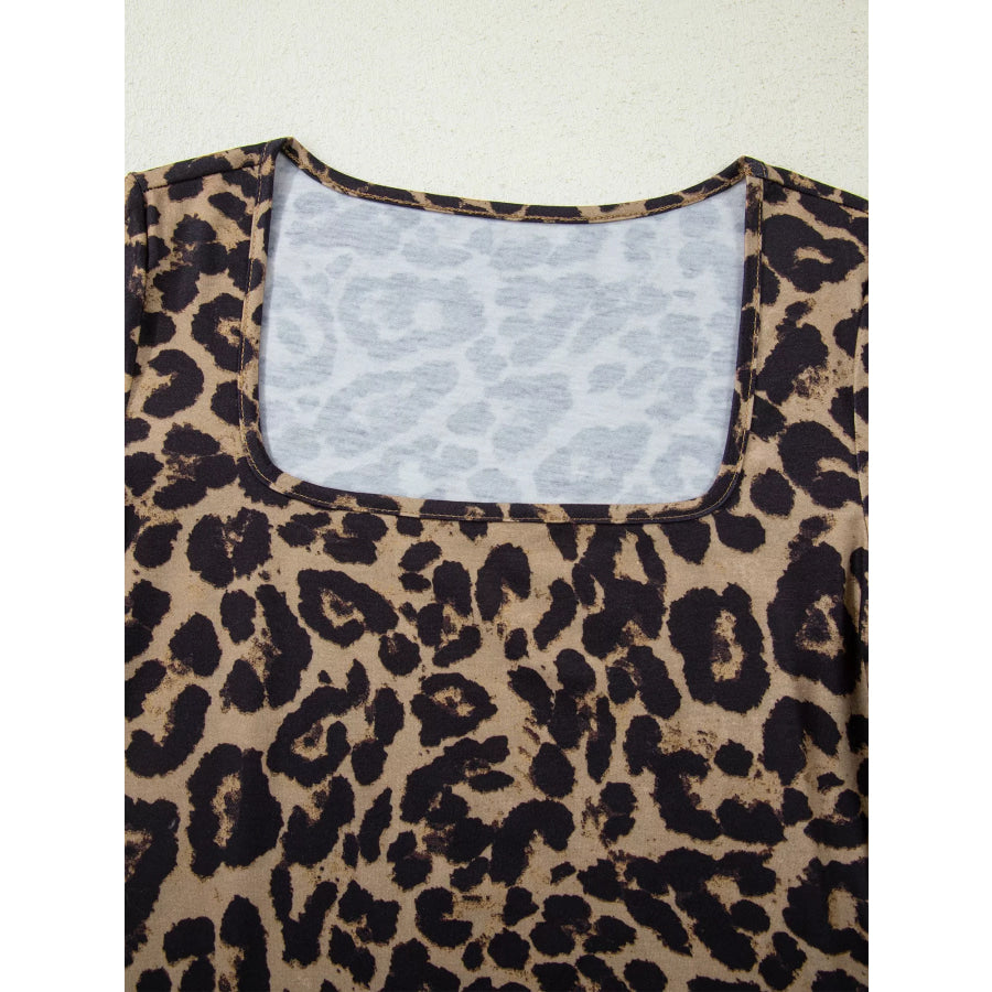 Leopard Print Square Neck Long Sleeve Top Apparel and Accessories