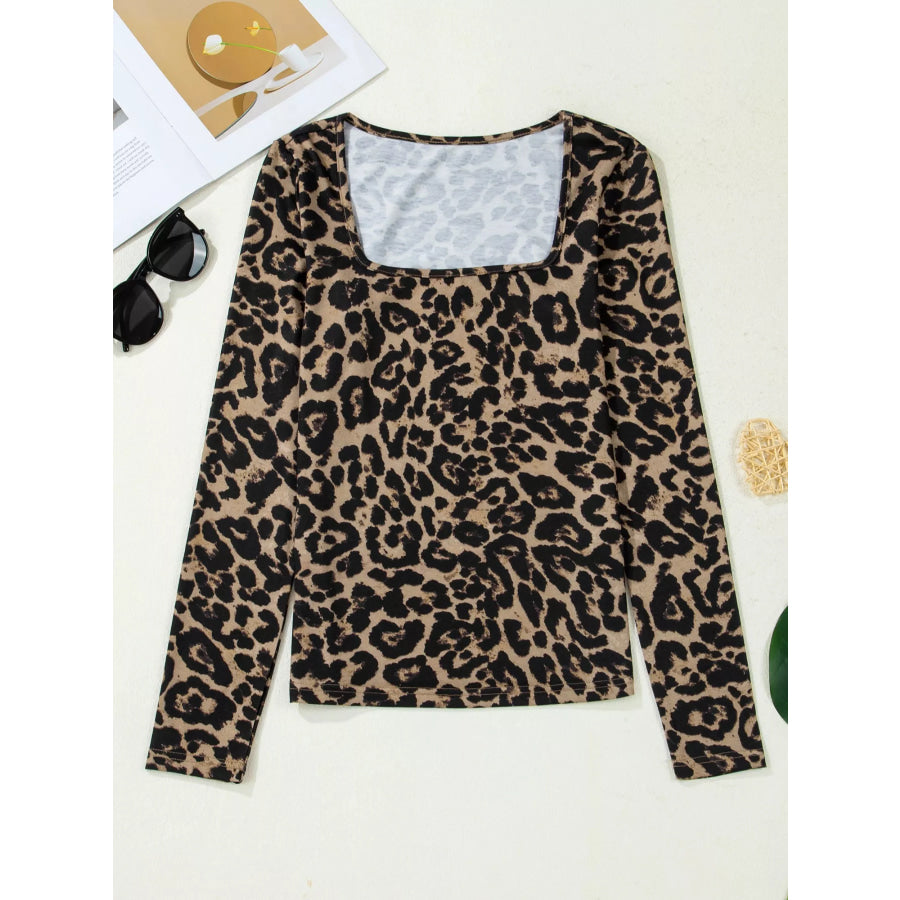 Leopard Print Square Neck Long Sleeve Top Apparel and Accessories