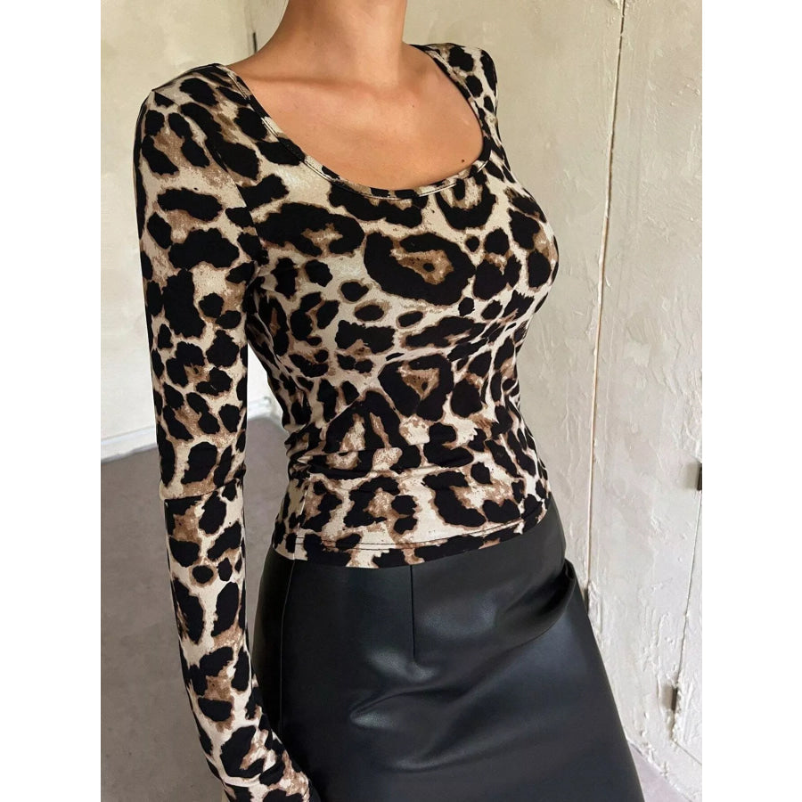 Leopard Print Square Neck Long Sleeve Top Apparel and Accessories