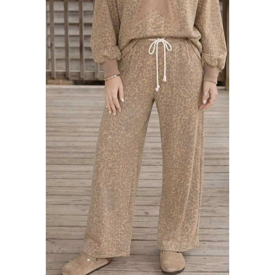 Leopard Print Star Embellished Sweatshirt and Pants Set Apparel and Accessories