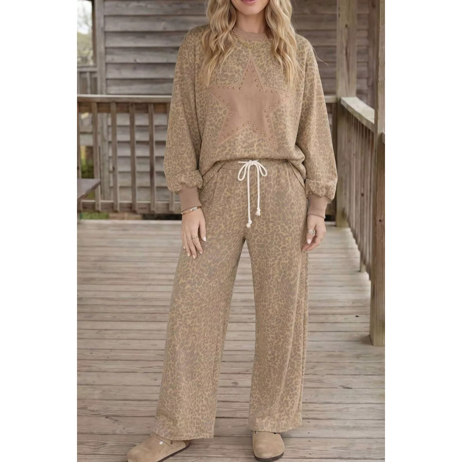 Leopard Print Star Embellished Sweatshirt and Pants Set Apparel and Accessories