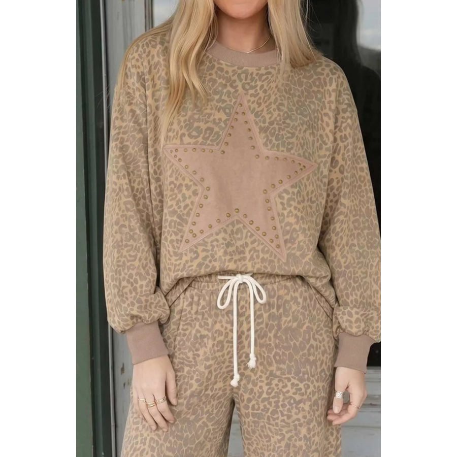 Leopard Print Star Embellished Sweatshirt and Pants Set Apparel and Accessories