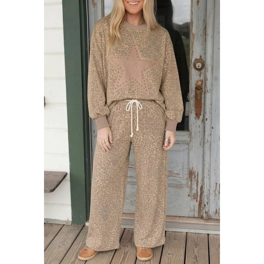 Leopard Print Star Embellished Sweatshirt and Pants Set Apparel and Accessories