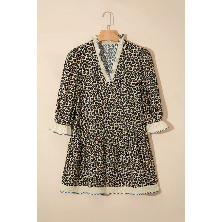 Leopard Print Striped Color Block Trim V Neck Bracelet Sleeve Mini Dress Apparel and Accessories