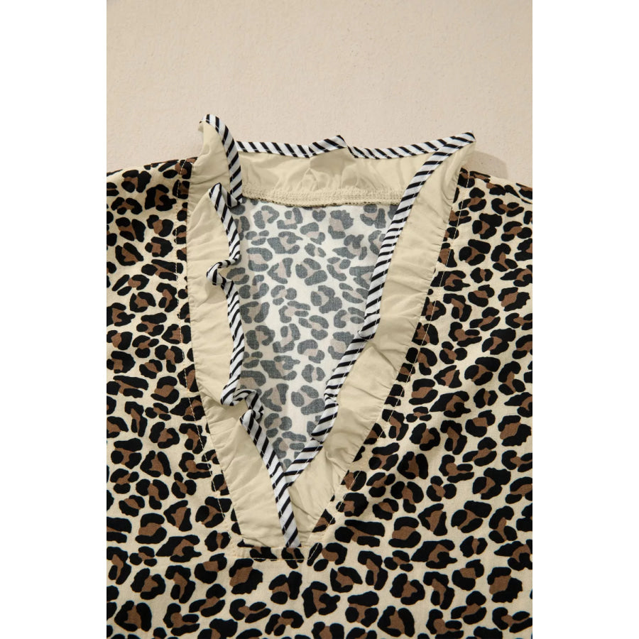 Leopard Print Striped Color Block Trim V Neck Bracelet Sleeve Mini Dress Apparel and Accessories