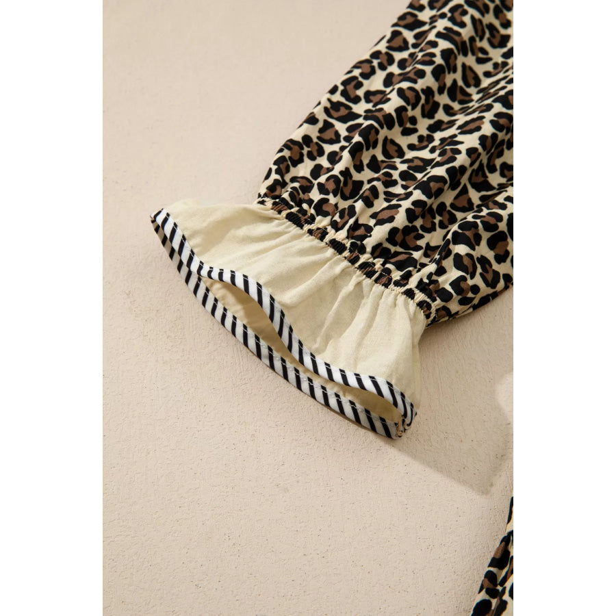 Leopard Print Striped Color Block Trim V Neck Bracelet Sleeve Mini Dress Apparel and Accessories