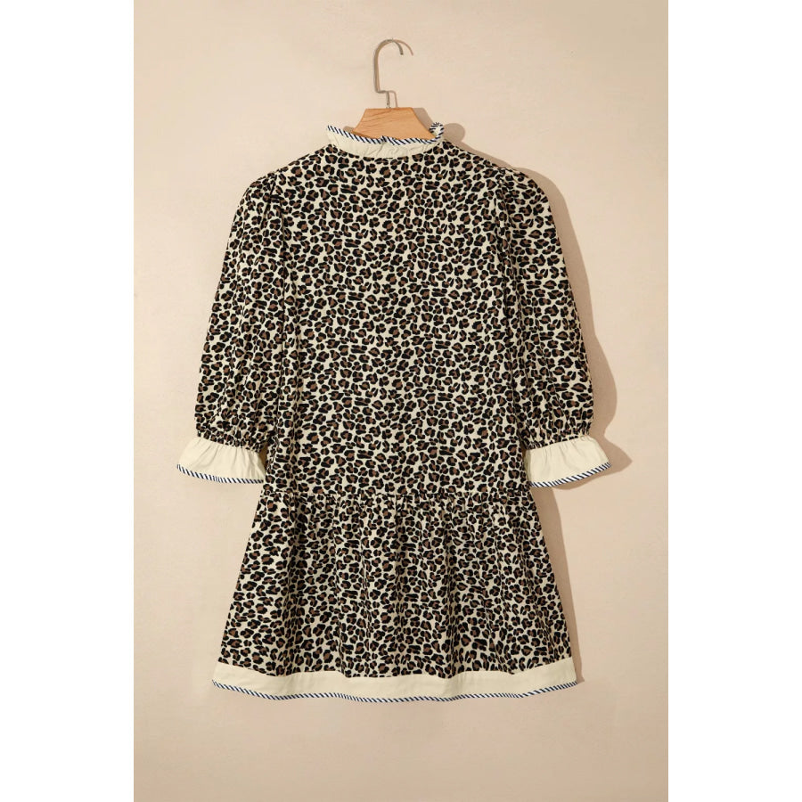 Leopard Print Striped Color Block Trim V Neck Bracelet Sleeve Mini Dress Apparel and Accessories