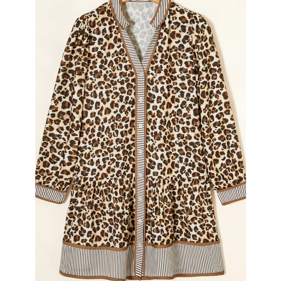 Leopard Print Striped Patchwork 3/4 Sleeve Loose Mini Dress Apparel and Accessories