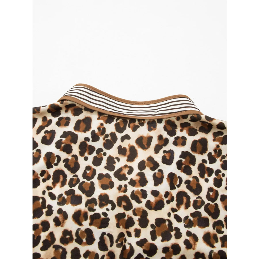 Leopard Print Striped Patchwork 3/4 Sleeve Loose Mini Dress Apparel and Accessories