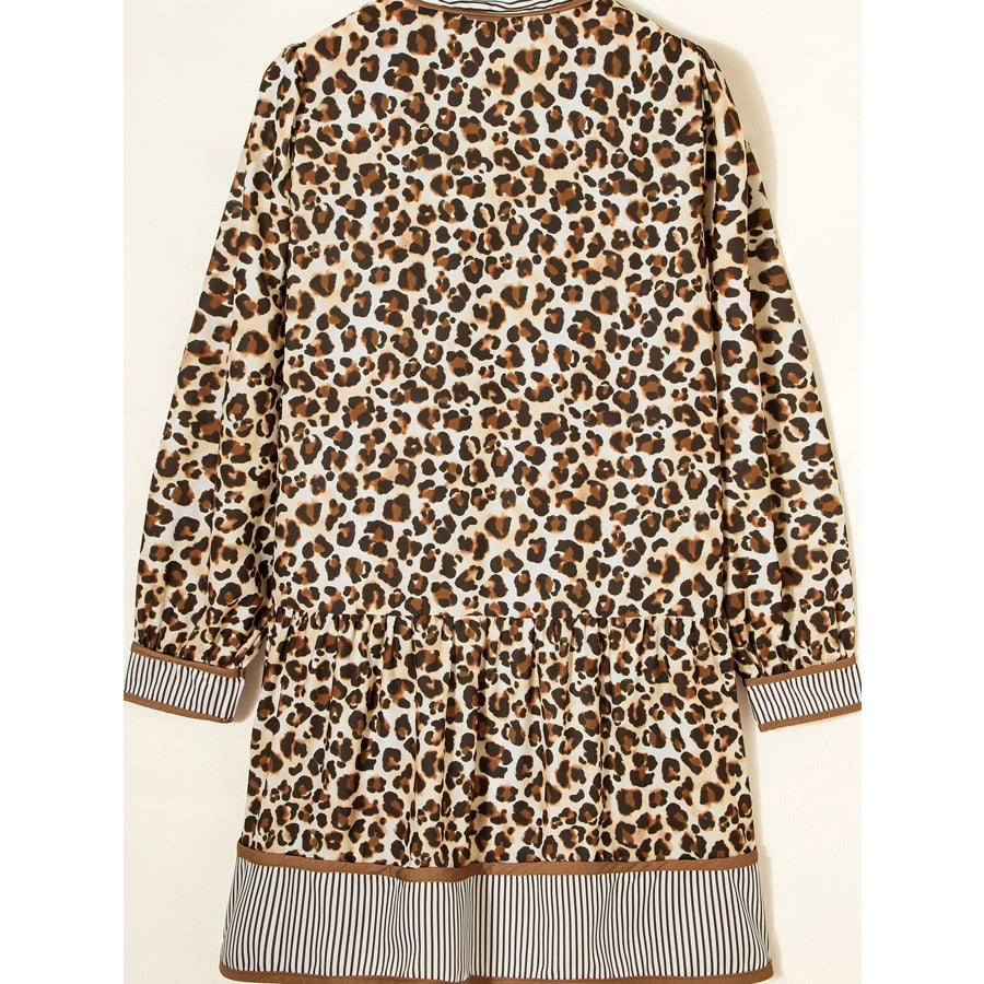 Leopard Print Striped Patchwork 3/4 Sleeve Loose Mini Dress Apparel and Accessories