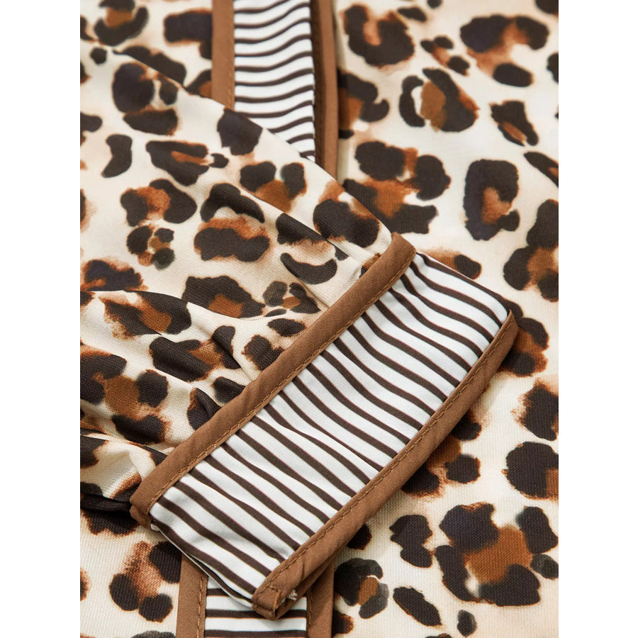 Leopard Print Striped Patchwork 3/4 Sleeve Loose Mini Dress Apparel and Accessories