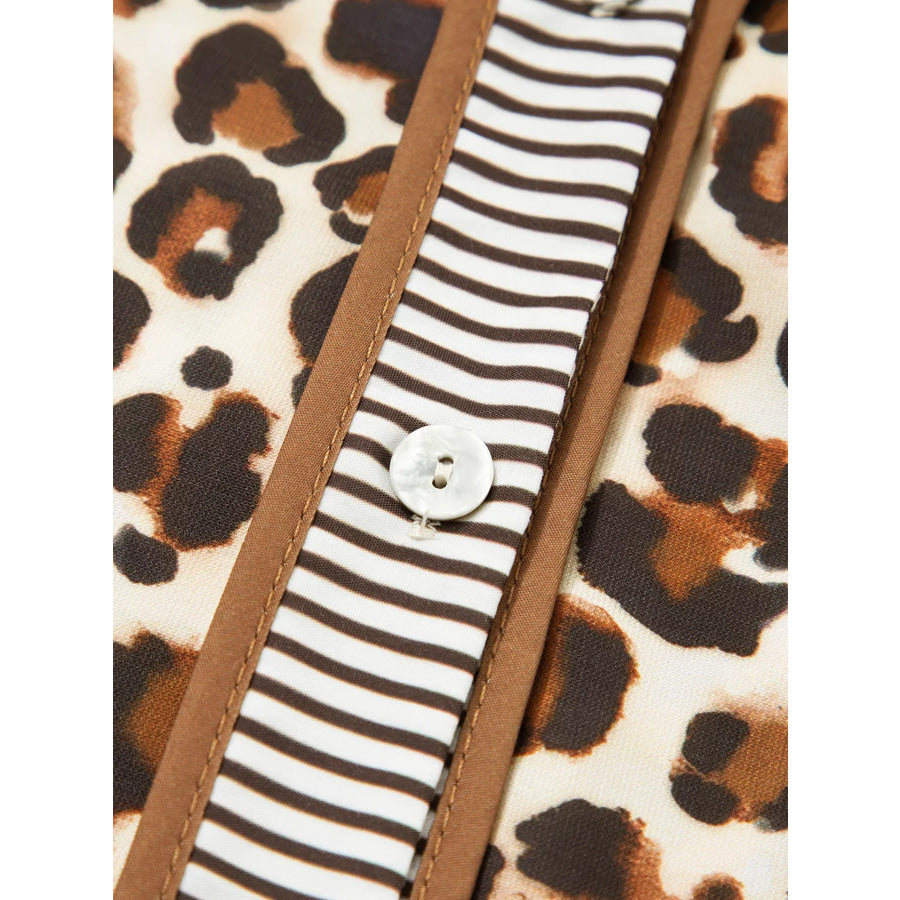 Leopard Print Striped Patchwork 3/4 Sleeve Loose Mini Dress Apparel and Accessories