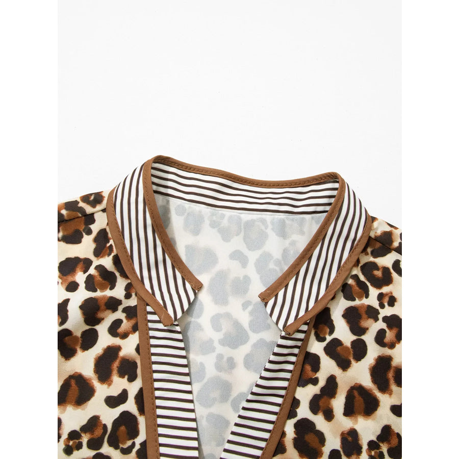 Leopard Print Striped Patchwork 3/4 Sleeve Loose Mini Dress Apparel and Accessories