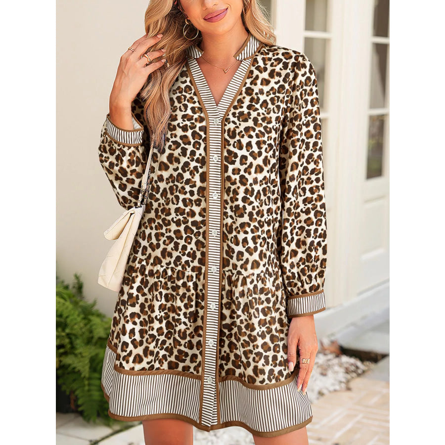 Leopard Print Striped Patchwork 3/4 Sleeve Loose Mini Dress Leopard / M Apparel and Accessories