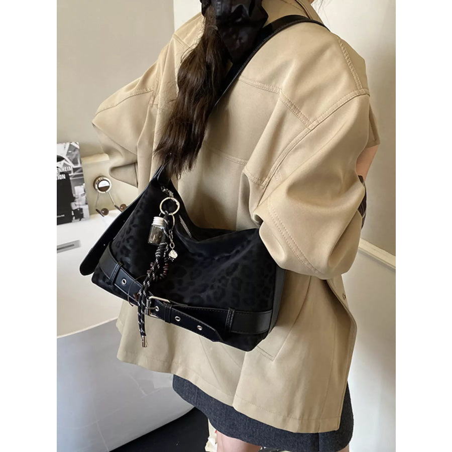 Leopard Print Suede Crossbody Bag Black / One Size Apparel and Accessories
