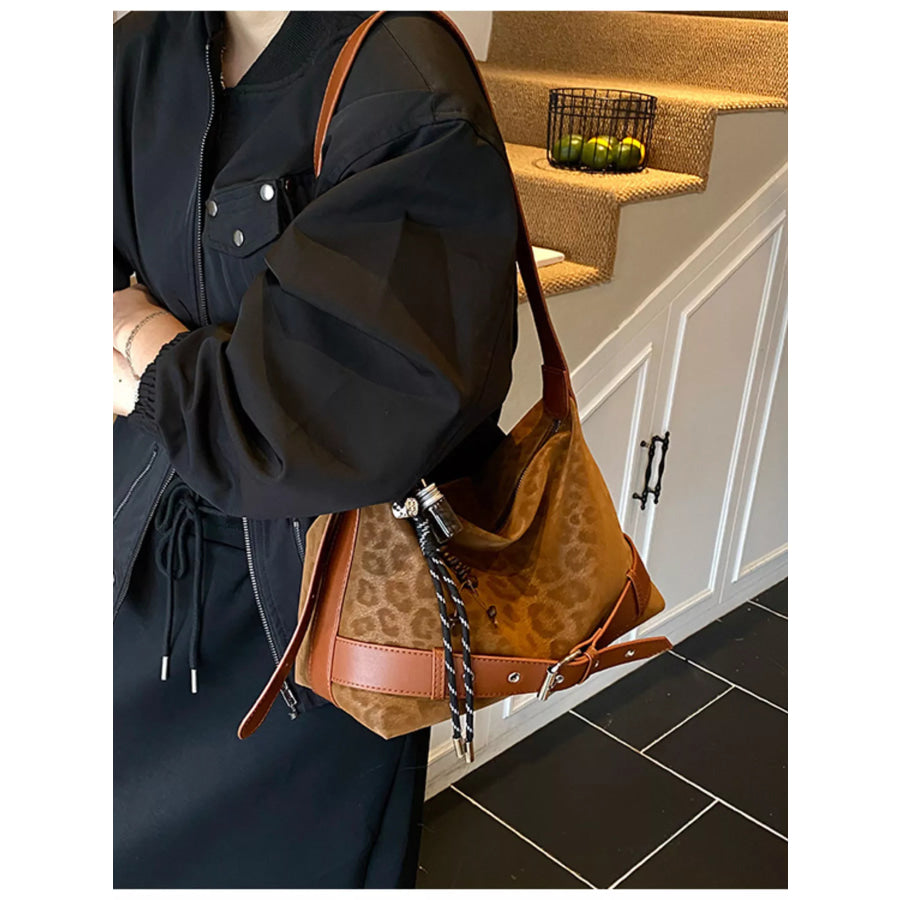 Leopard Print Suede Crossbody Bag Brown / One Size Apparel and Accessories