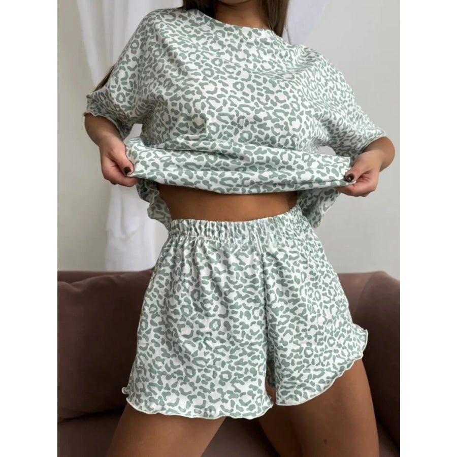 Leopard Print T-Shirt and Ruffle Hem Shorts Lounge Set Apparel Accessories