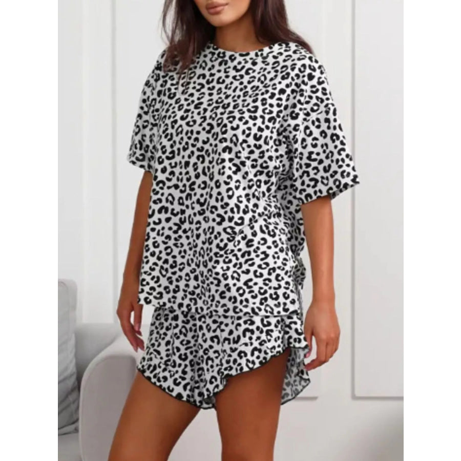 Leopard Print T-Shirt and Ruffle Hem Shorts Lounge Set Black / S Apparel Accessories