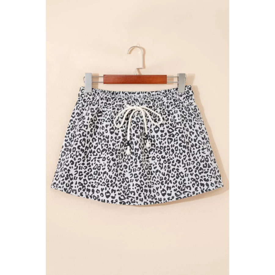 Leopard Print Tassel Drawstring Casual Denim Skort Apparel and Accessories