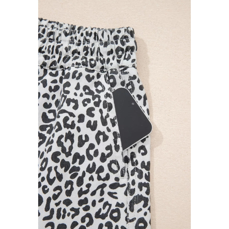 Leopard Print Tassel Drawstring Casual Denim Skort Apparel and Accessories