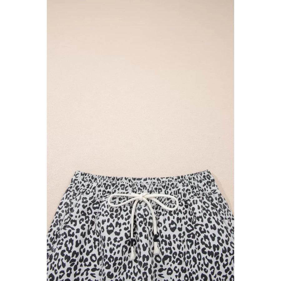 Leopard Print Tassel Drawstring Casual Denim Skort Apparel and Accessories