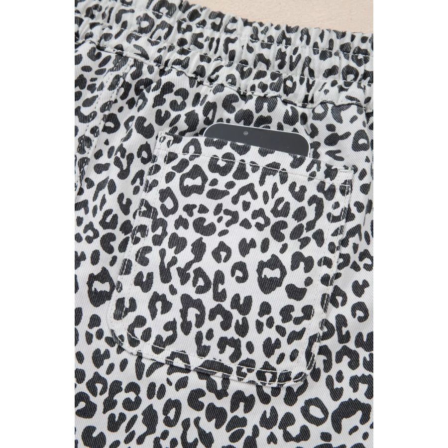 Leopard Print Tassel Drawstring Casual Denim Skort Apparel and Accessories