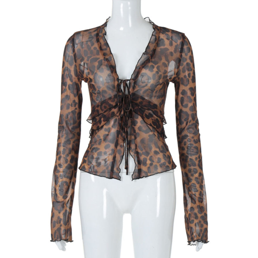 Leopard Print Tie Front Blouse Apparel and Accessories