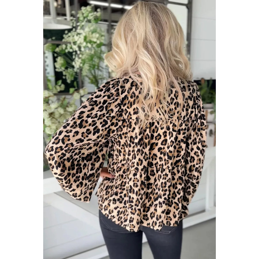 Leopard Print Tie-Neck Blouse Leopard / S Apparel and Accessories