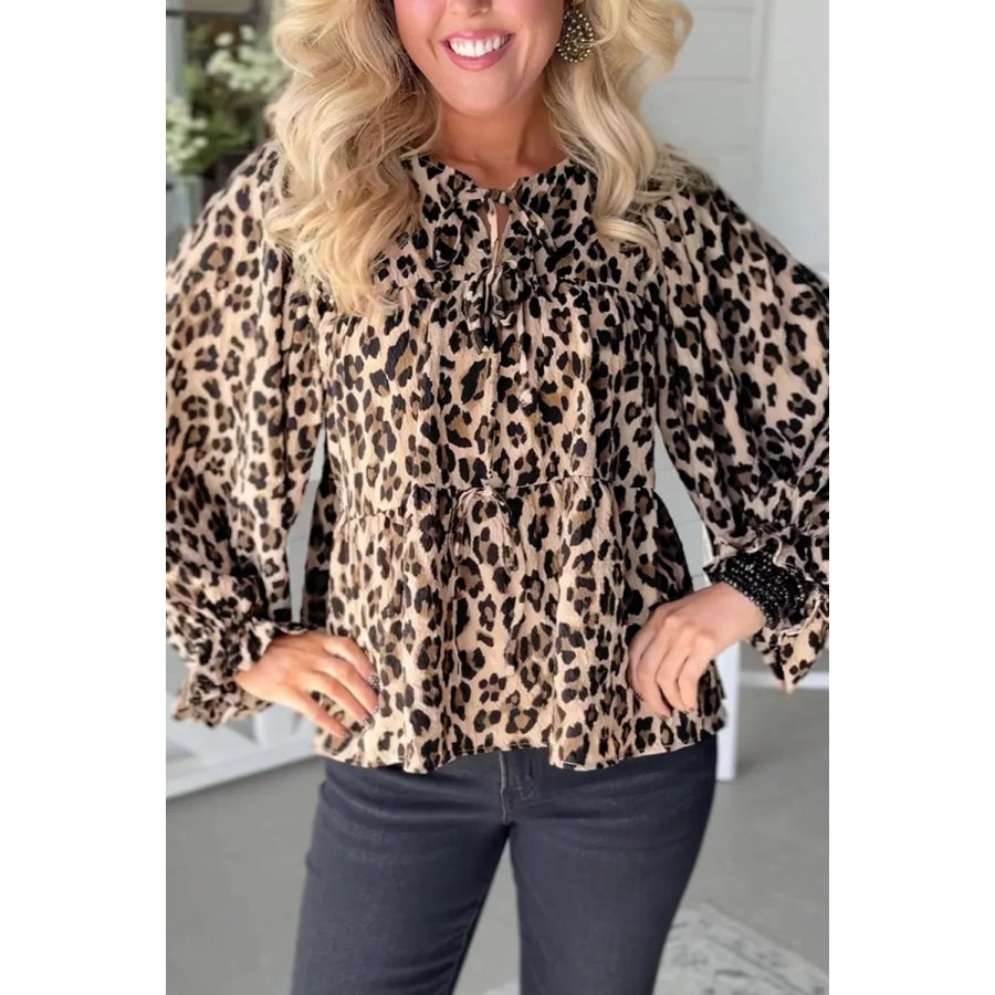 Leopard Print Tie-Neck Blouse Apparel and Accessories