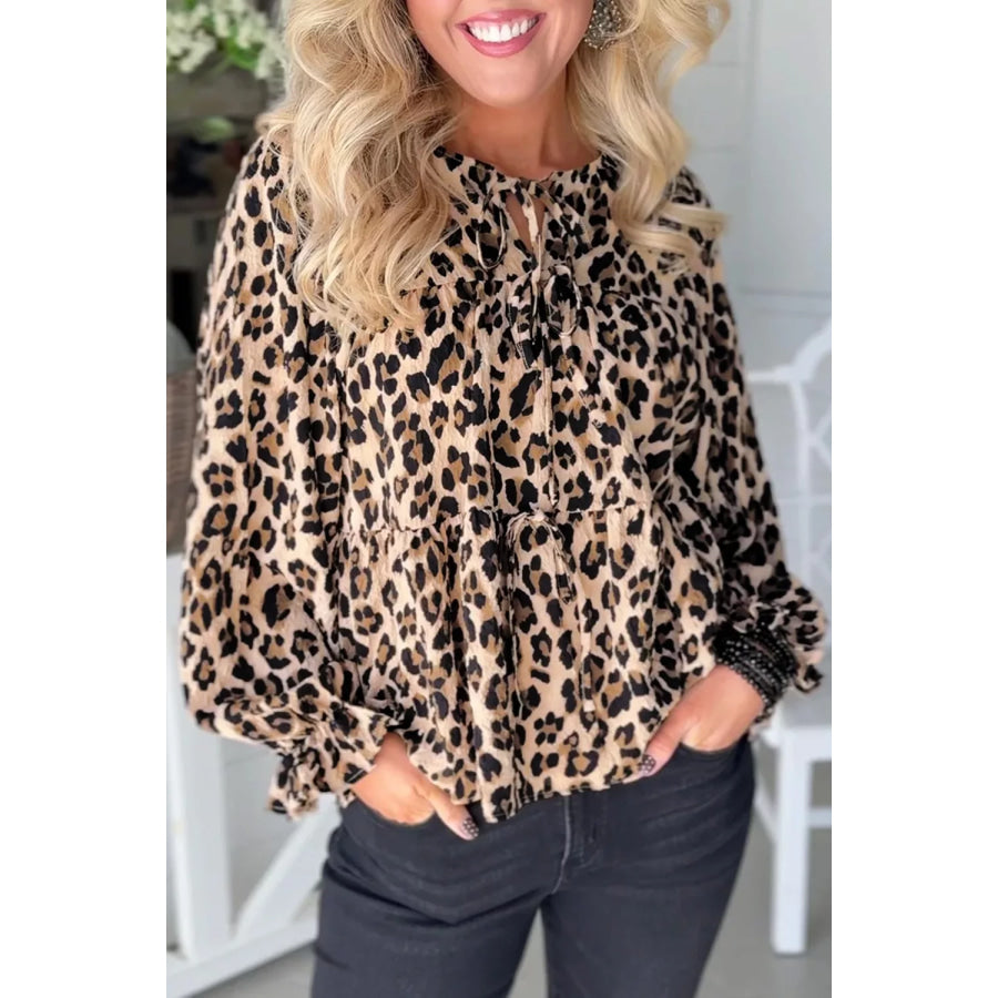 Leopard Print Tie-Neck Blouse Leopard / S Apparel and Accessories