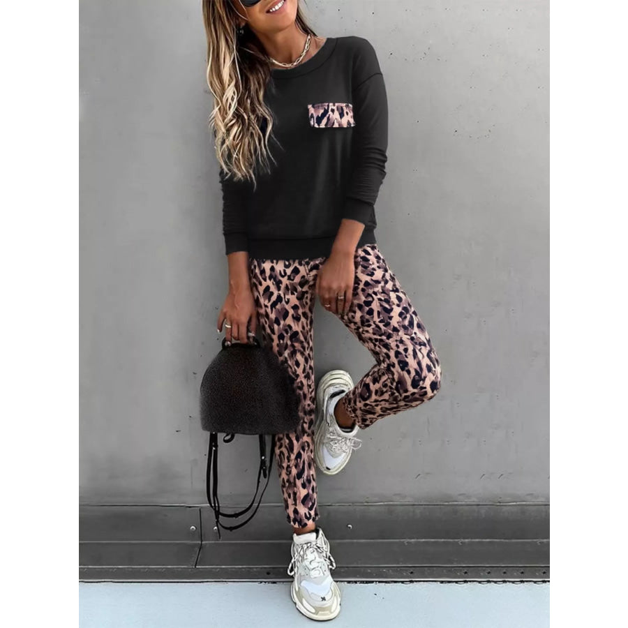 Leopard Print Top and Pants Set Black / S Apparel and Accessories