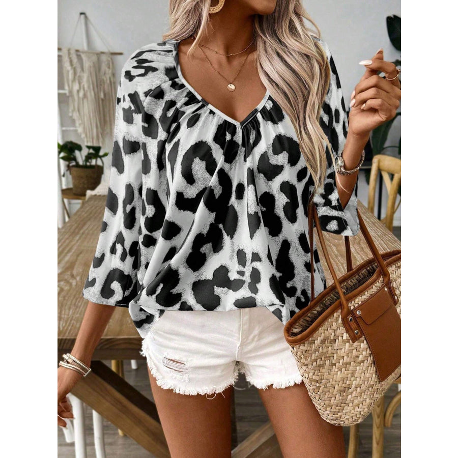 Leopard Print V-Neck Blouse Apparel and Accessories