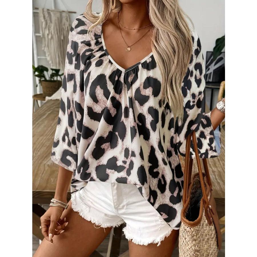 Leopard Print V-Neck Blouse Apparel and Accessories