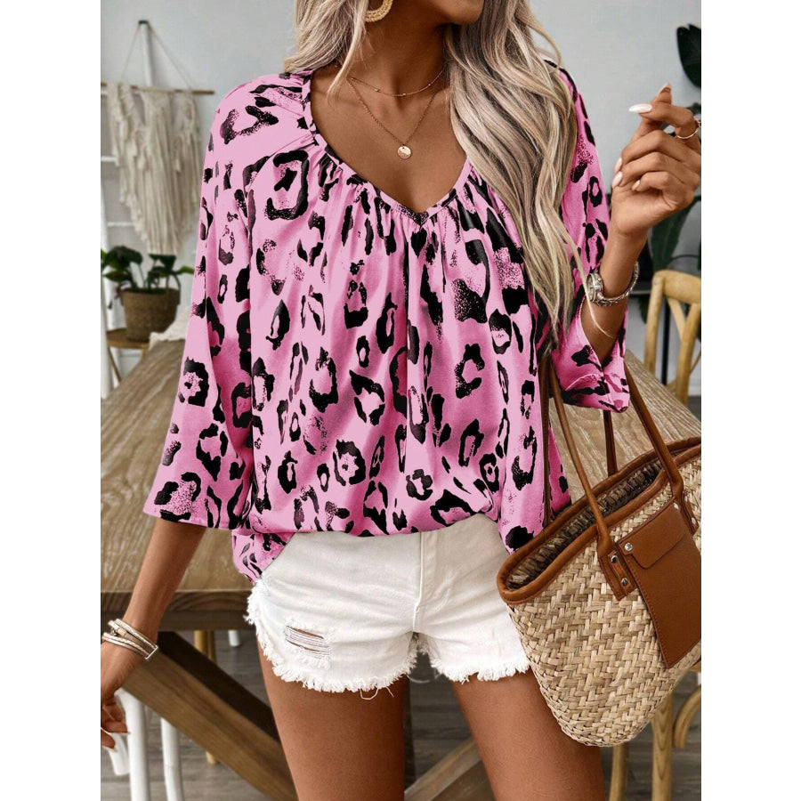 Leopard Print V-Neck Blouse Apparel and Accessories