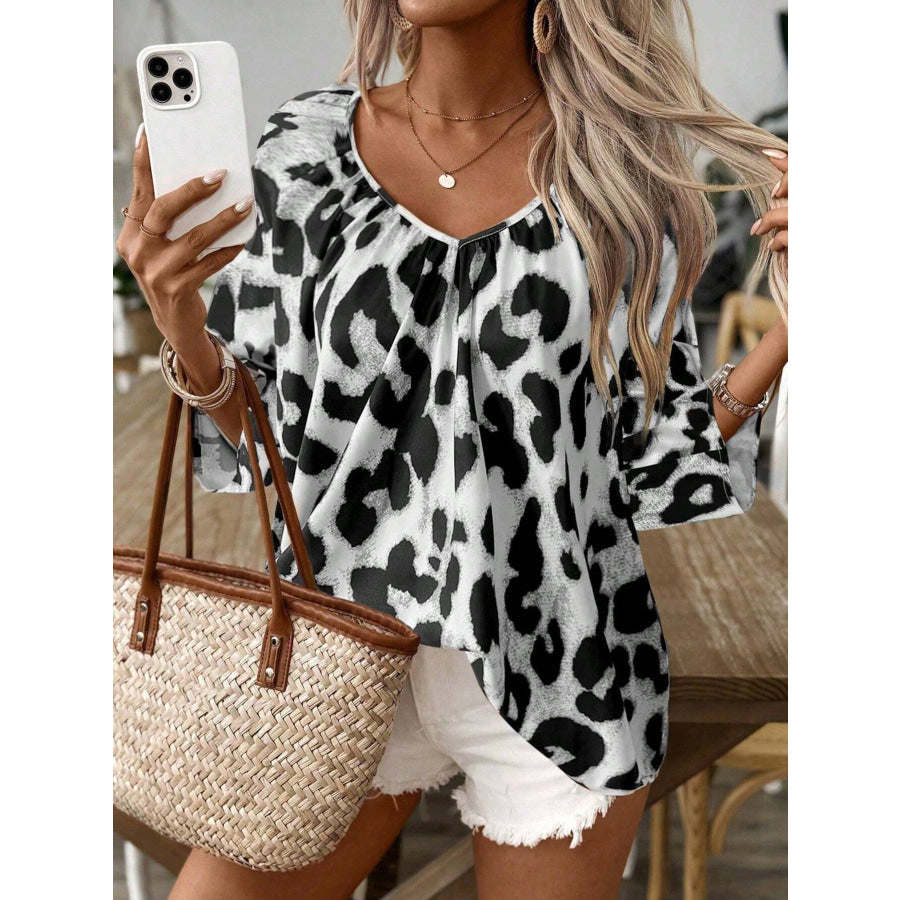 Leopard Print V-Neck Blouse Apparel and Accessories
