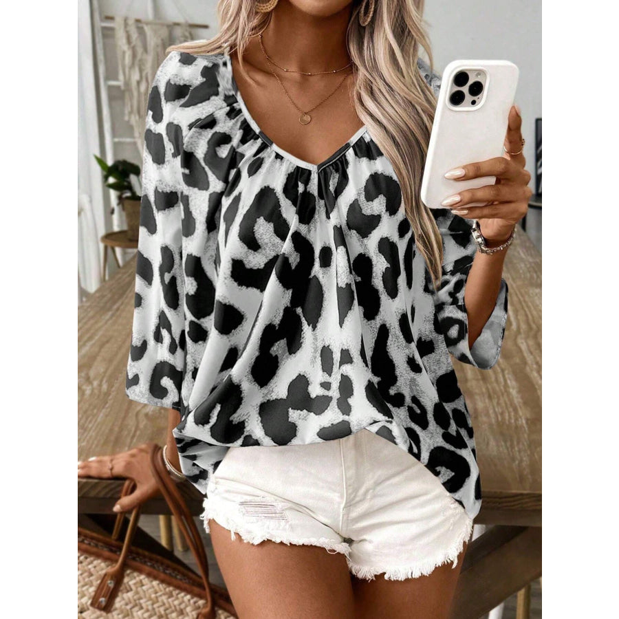 Leopard Print V-Neck Blouse Apparel and Accessories
