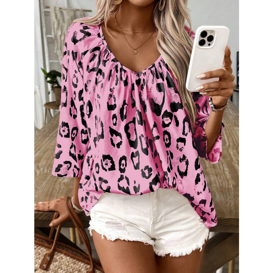 Leopard Print V-Neck Blouse Apparel and Accessories