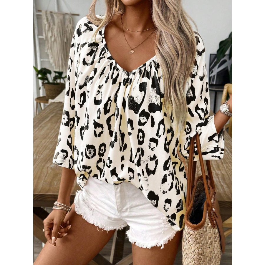 Leopard Print V-Neck Blouse Apparel and Accessories